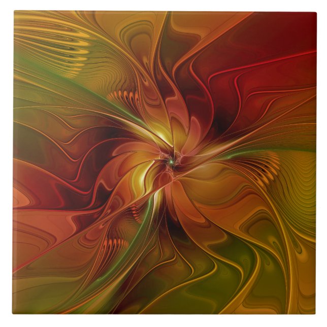 Azulejo Resumen Naranja rojo Brown Flor de arte fractal ve (Frente)