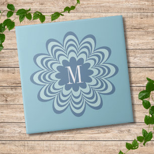 Azulejo Resumen Personalizado de las flores azules Monogra