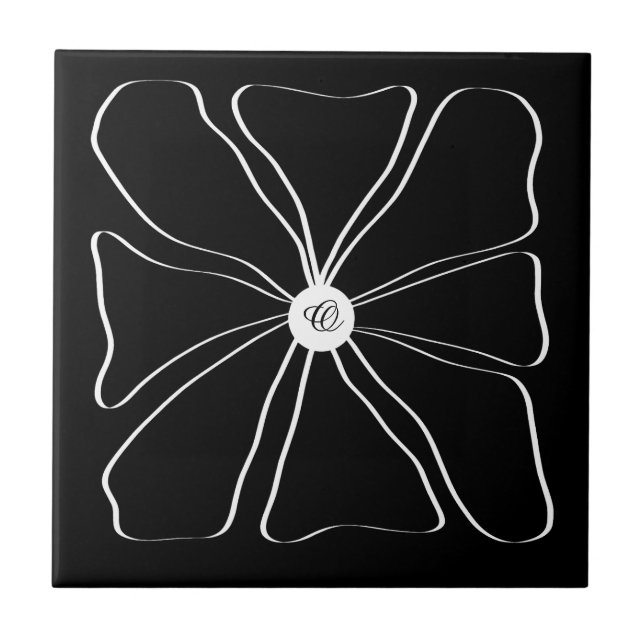 Azulejo Resumen personalizado Flor moderna Blanco negro (Frente)