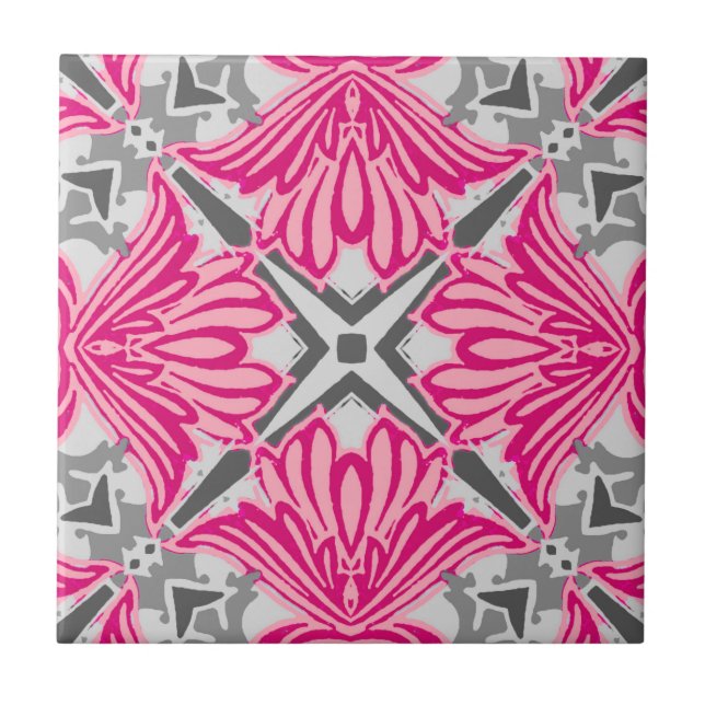 Azulejo Resumen Pétalos de flor Fuchsia Rosa y Gris (Frente)