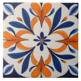 Azulejo Resumen simétrico naranja y azul mediterráneo