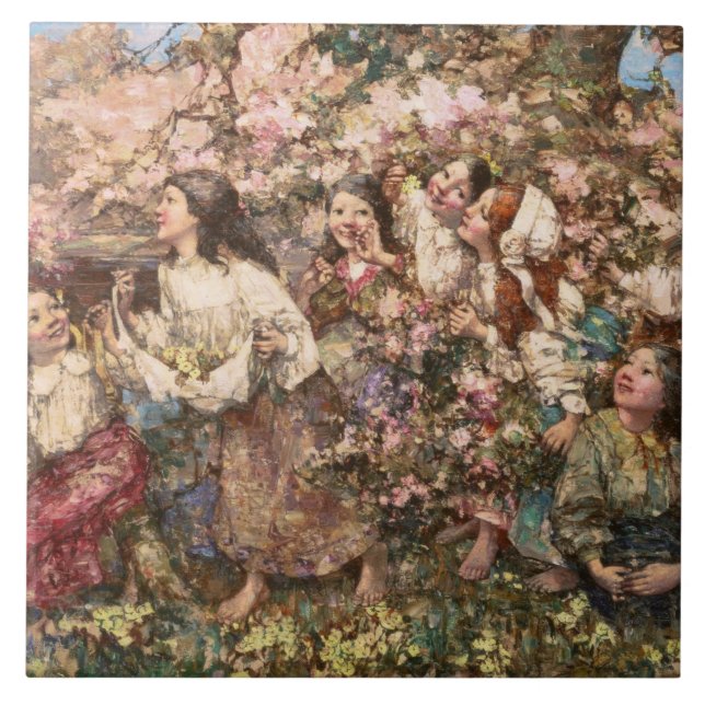 Azulejo Retraso de primavera (por Edward Atkinson Hornel) (Frente)