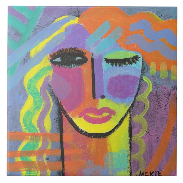 Azulejo Retrato abstracto colorido de una mujer (Frente)