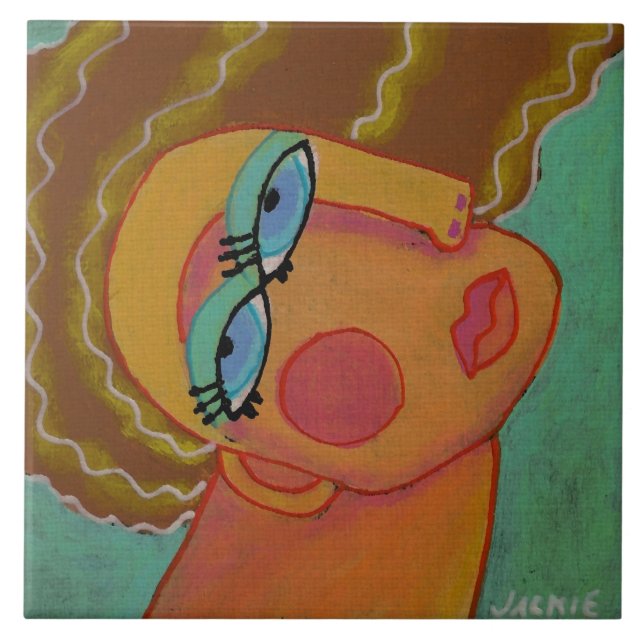 Azulejo Retrato abstracto colorido de una mujer (Frente)