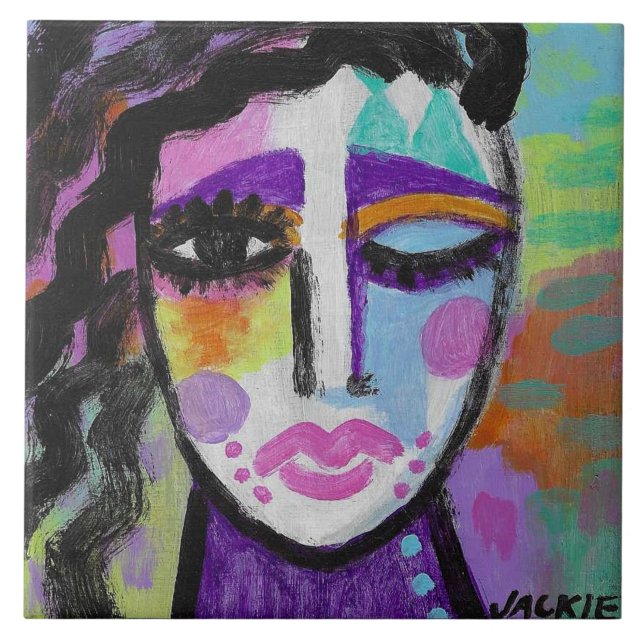 Azulejo Retrato abstracto colorido de una mujer (Frente)