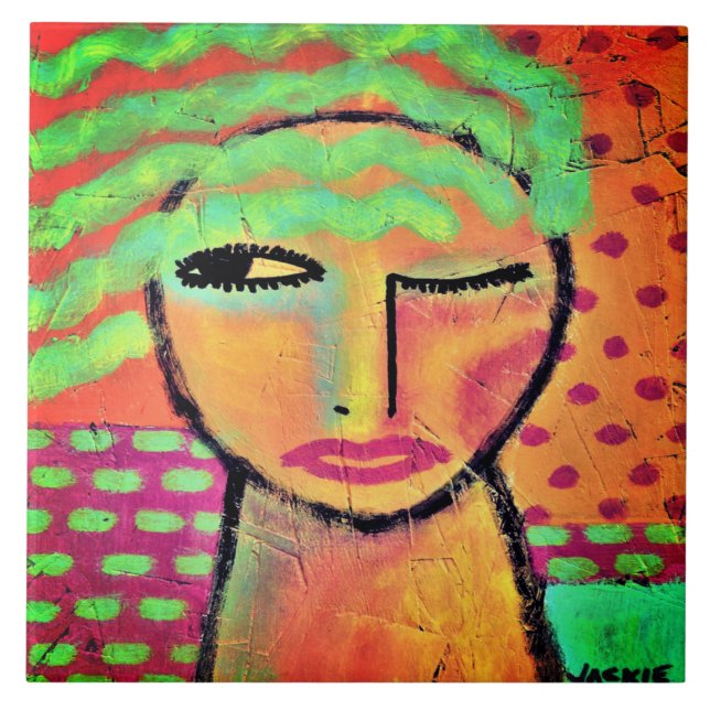 Azulejo Retrato abstracto de cabello verde ondulado de una (Frente)
