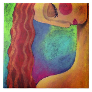 Azulejo Retrato abstracto de mujer con cabello rojo ondula