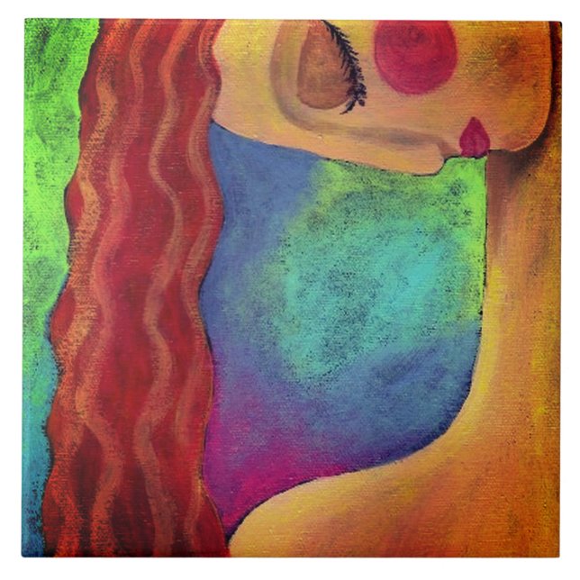 Azulejo Retrato abstracto de mujer con cabello rojo ondula (Frente)