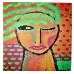 Azulejo Retrato abstracto de mujer con cabello verde ondul