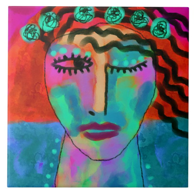 Azulejo Retrato abstracto de niño de una mujer (Frente)