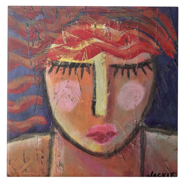 Azulejo Retrato abstracto de pelo rojo de una mujer en OSB (Frente)