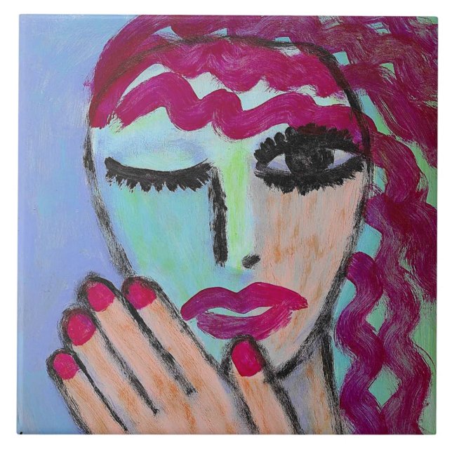 Azulejo Retrato abstracto de pelo rojo y uñas rojas (Frente)