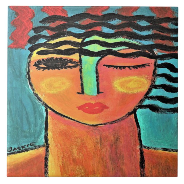 Azulejo Retrato abstracto de una mujer con ola de calor (Frente)