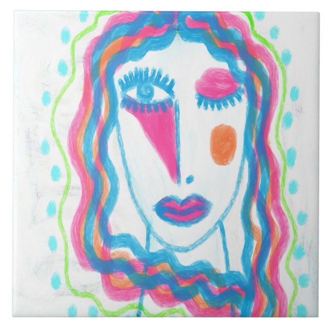 Azulejo Retrato abstracto funky de una mujer (Frente)