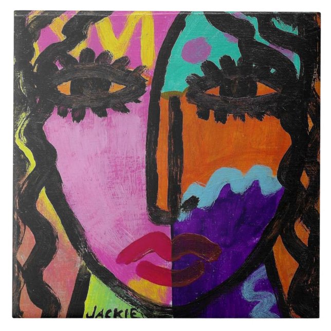 Azulejo Retrato abstracto funky de una mujer (Frente)