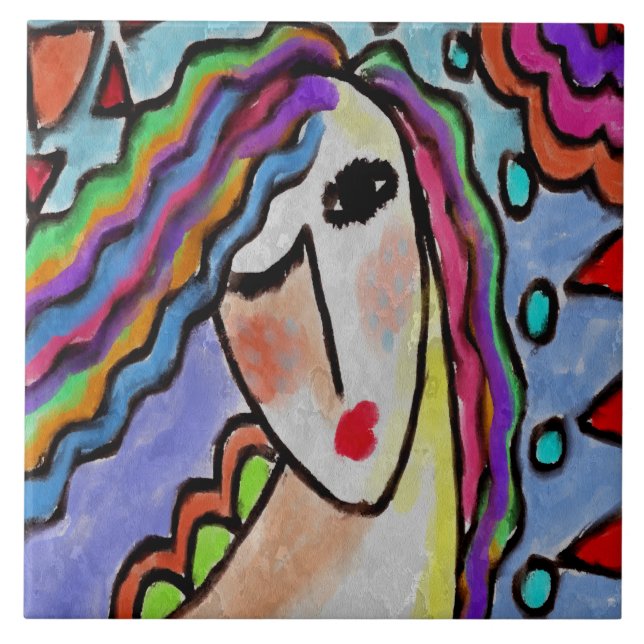 Azulejo Retrato abstracto funky de una mujer (Frente)
