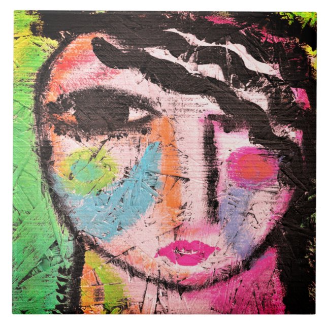 Azulejo Retrato abstracto funky en tablero de OSB (Frente)