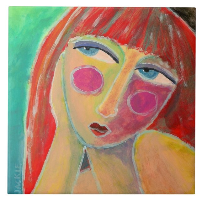 Azulejo Retrato abstracto lejano de una mujer de Red Haire (Frente)