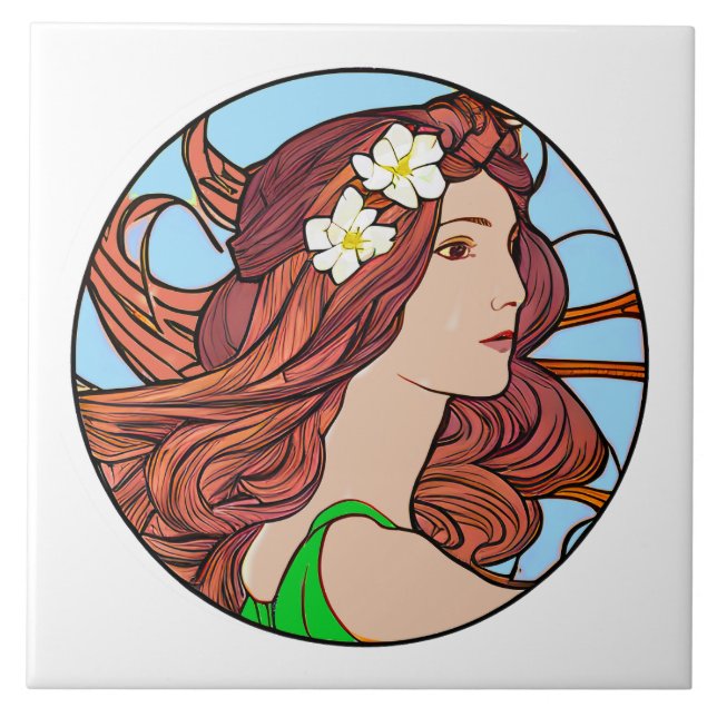 Azulejo Retrato Art Nouveau de una mujer con pelo rojo (Frente)