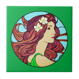 Azulejo Retrato Art Nouveau de una mujer en verde esmerald