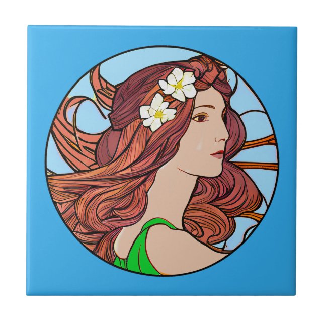 Azulejo Retrato Art Nouveau de una mujer sobre el azul (Frente)