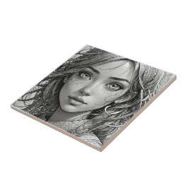 Azulejo Retrato blanco y negro de chica de anime lindo