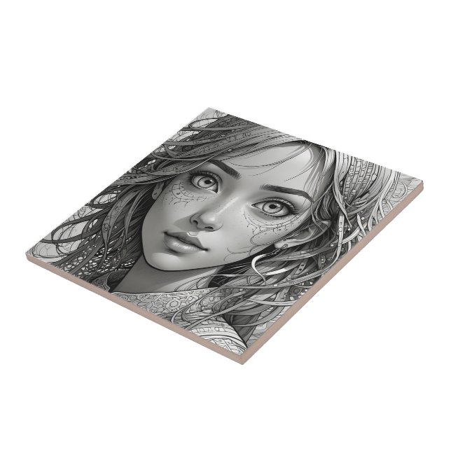 Azulejo Retrato blanco y negro de chica de anime lindo (Lado)