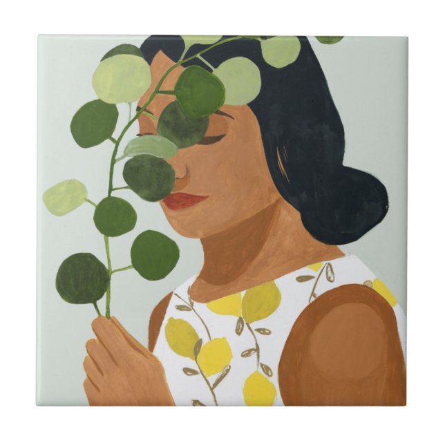 Azulejo Retrato botánico - Mujer con vegetación (Frente)