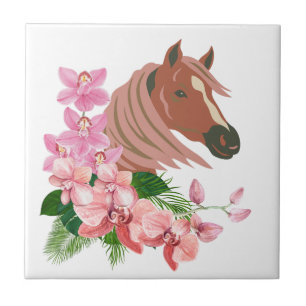 Azulejo Retrato de caballo con flores de orquídeas