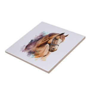 Azulejo Retrato de cabeza de caballo marrón en acuarela