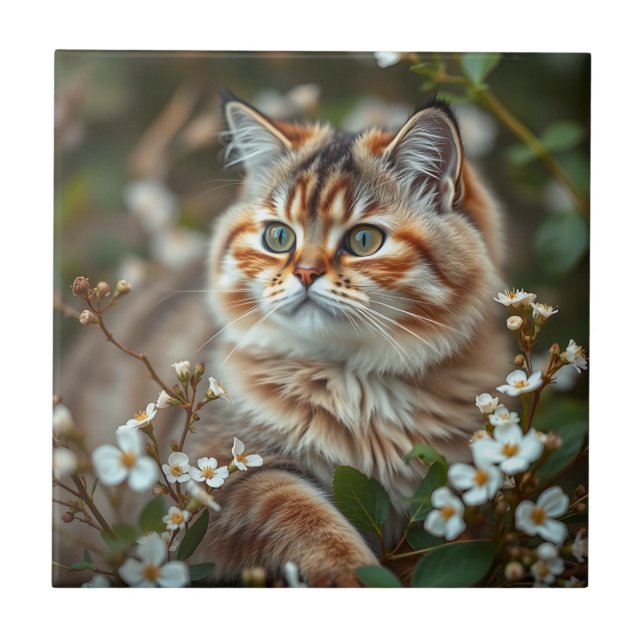 Azulejo Retrato de gato botánico con flores delicadas (Frente)