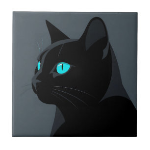 Azulejo Retrato de Gato Negro con Ojos Azules