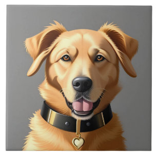 Azulejo Retrato de Golden Retriever con collar negro