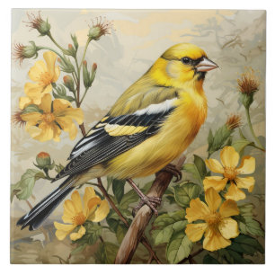 Azulejo Retrato de jilguero americano, amarillo y negro