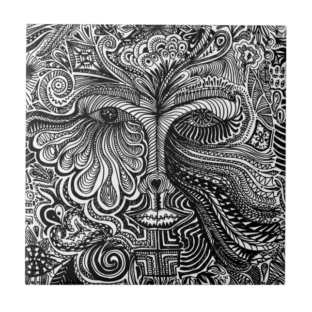 Azulejo Retrato de la línea trippy en blanco y negro (Frente)