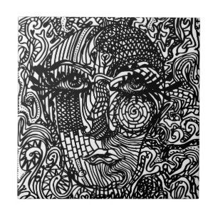 Azulejo Retrato de la línea trippy en blanco y negro