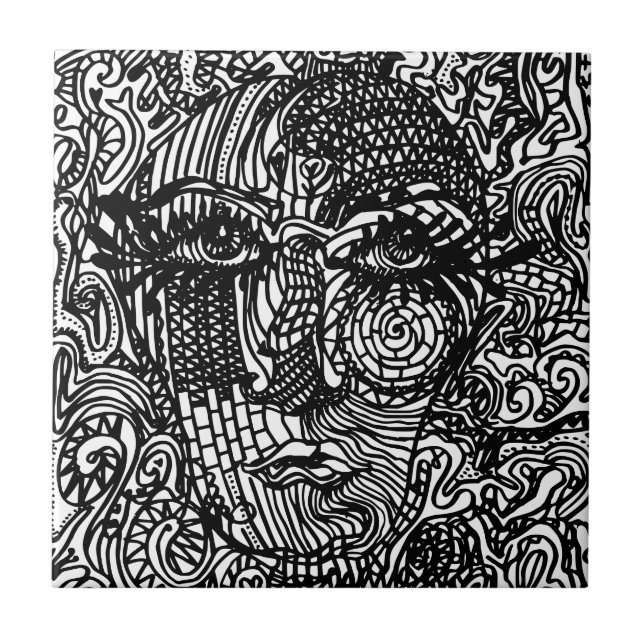 Azulejo Retrato de la línea trippy en blanco y negro (Frente)