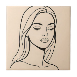 Azulejo Retrato de mujer de arte de línea minimalista Eleg