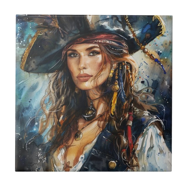 Azulejo Retrato de mujer pirata en acuarela (Frente)