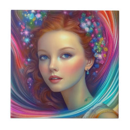 Azulejo Retrato de pelo arcoiris encantado