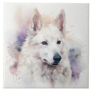 Azulejo Retrato de perro blanco en acuarela pastel