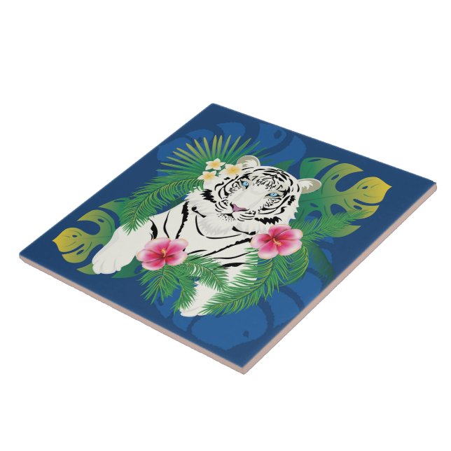 Azulejo Retrato de tigre blanco con hojas tropicales (Lado)