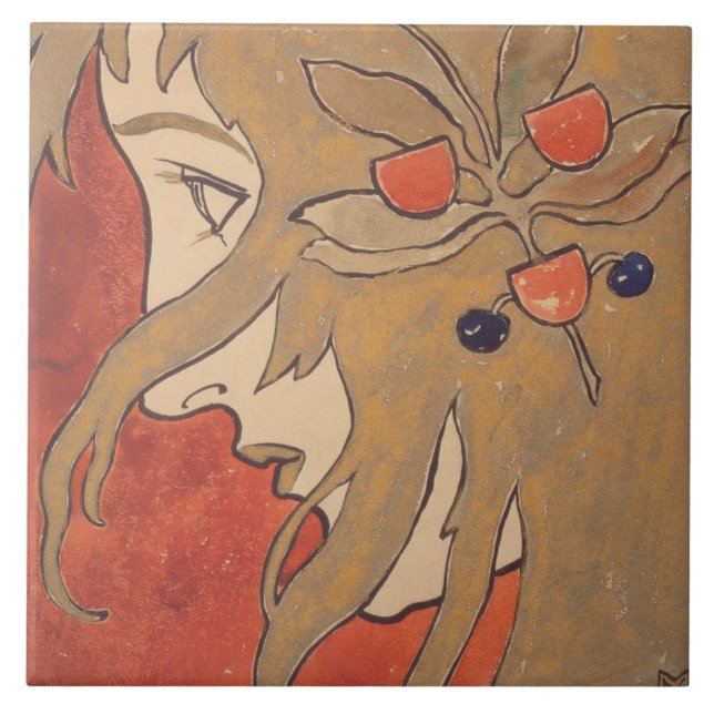 Azulejo Retrato de un Chica en rojo (por Koloman Moser) (Frente)