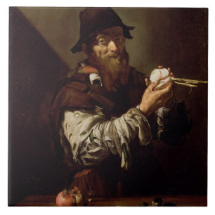 Azulejo Retrato de un viejo hombre con una cebolla (aceite