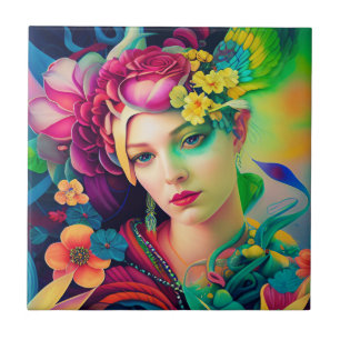 Azulejo Retrato de una mujer adornada con flores