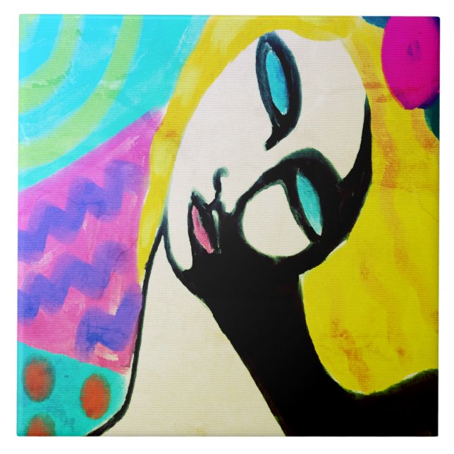 Azulejo Retrato digital abstracto colorido de una mujer (Frente)