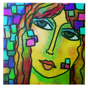 Azulejo Retrato digital abstracto de una mujer