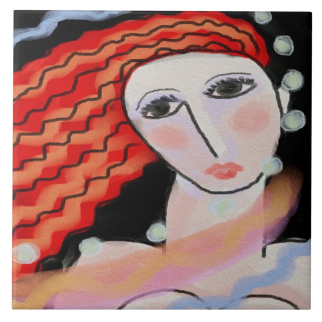 Azulejo Retrato digital abstracto nocturno de una mujer (Frente)