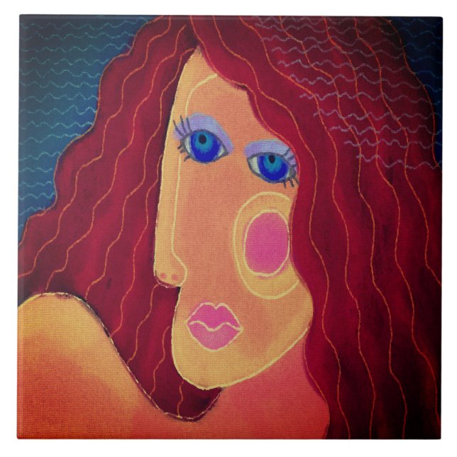Azulejo Retrato digital abstracto rojo de una mujer (Frente)