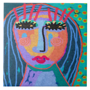 Azulejo Retrato digital de una mujer con el pelo azul abst